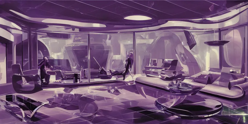 Image similar to a futuristic living room in gothic style with holograms all over, syd mead cinematic painting, 4 k