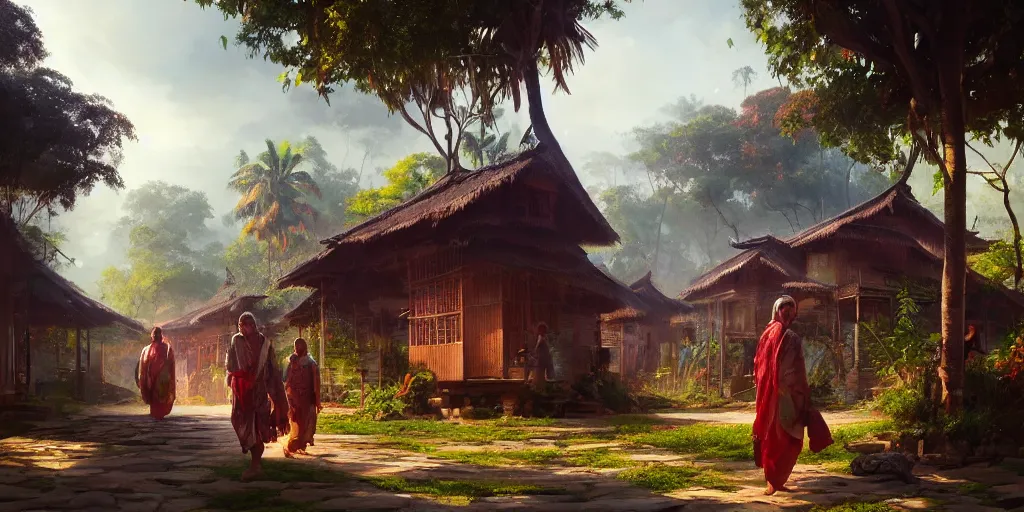 Image similar to kerala village, sharp focus, wide shot, trending on ArtStation, masterpiece, by Greg Rutkowski, by Ross Tran, by Fenghua Zhong, octane, soft render, oil on canvas, colorful, cinematic, environmental concept art