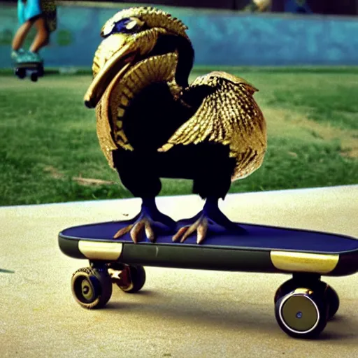 Image similar to a dodo with a gold chain around its neck, on a hover board at a skate park near the beach, 1990s cartoon