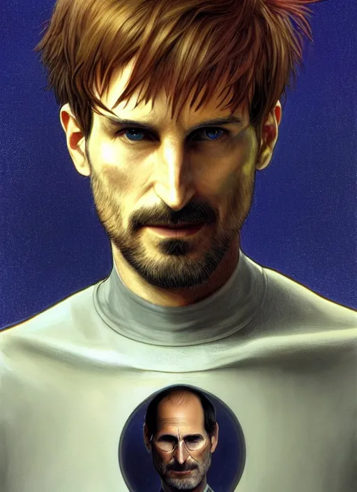 Image similar to Portrait of Steve Jobs, red glowing eyes, blue shaggy hair, male, fantasy,, extremely detailed, digital painting, artstation, concept art, smooth, sharp focus, illustration, stunning lighting, art by artgerm and greg rutkowski and alphonse mucha and simon stalenhag, realistic character concept, high fantasy, light atmosphere, golden ratio, cinematic lighting, hyperdetailed, high resolution, insanely detailed and intricate, face enhance, Marc Simonetti, Greg Rutkowski, 8k