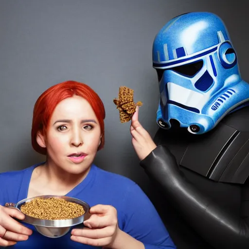 Image similar to a woman with blue skin and two lekku from star wars eats her breakfast cereal, photograph, studio lighting