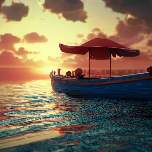 Image similar to a close - up image of a baby dog on a small wooden boat in the sea near a small island at sunrise, ghibli studio, pixar and disney style, concept art, octane render, unreal engine 5, trending on artstation, high quality, highly detailed, colorful, anatomically correct, anime style, beautiful, path traced, cute