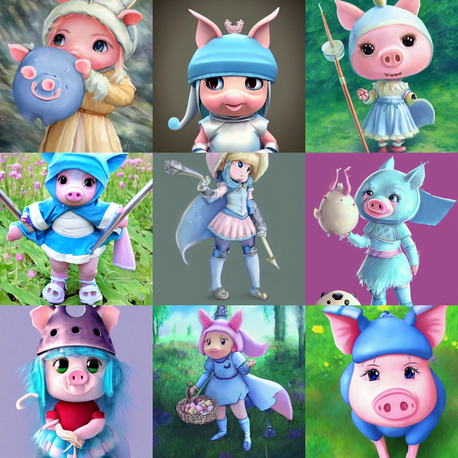 Prompt: very cute and adorable little anthropomorphic piggy knight princess, big beautiful blue eyes, piglet, fantasy forest, pale blue outfit, pretty, semi realistic, studio Ghibli, DeviantArt, Instagram, Behance, Artstation, trending on artstation, Yee Chong, Sydney Hanson, Mickael Lelièvre, Jaeyeon Nam, derevschikova