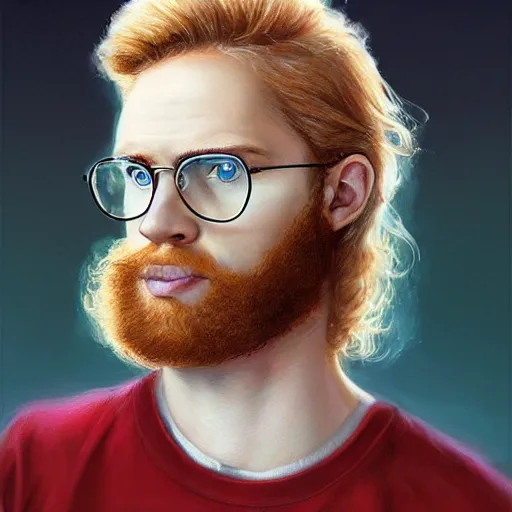 Prompt: 2 4 - year - old man, masculine face, strawberry blond hair, turquoise eyes, transparent glasses, hyper realistic face, beautiful eyes, highly detailed, digital painting, smooth, sharp, beautiful face, expressive eyes, long fluffy curly strawberry blond hair, art by greg rutkowski and alex gray