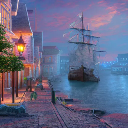 Prompt: portsmouth new hampshire fantasy city facing the ocean, old boat on the ocean, birch trees on sidewalk, cobblestone street, thomas kinkade, digital art, beautiful cinematic lighting, 8 k, octane render, artstation