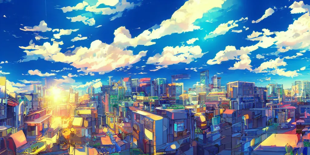 Prompt: a beautiful digital drawing of a bright day in a city, anime styled, digital painting, blue sky, clouds