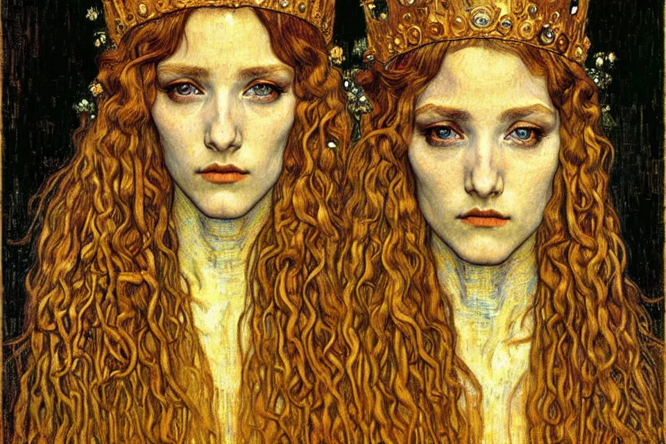 Image similar to detailed realistic beautiful young medieval queen face portrait by jean delville, gustav klimt and vincent van gogh, art nouveau, symbolist, visionary, gothic, pre - raphaelite, muted earthy colors, desaturated