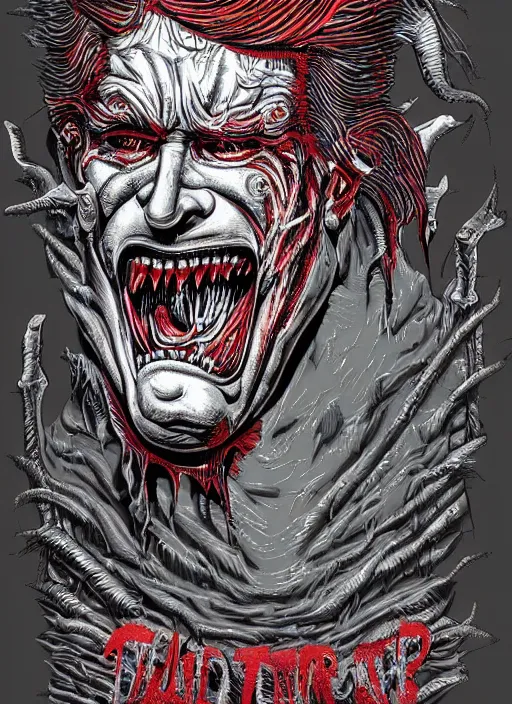 Prompt: Donald Trump's true form on a 1990s body horror movie poster, inking, vintage 90s print, detailed, scary, horror, screen print, trending on artstation