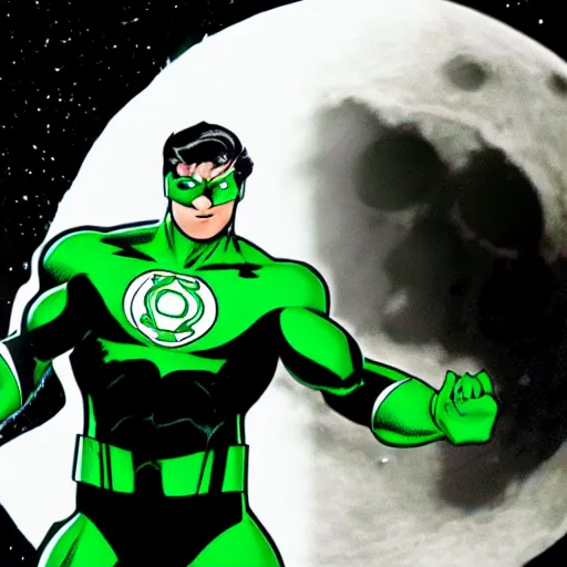 Image similar to Green Lantern in black and white uniform flying in-front of the moon, dramatic, dark, DC comic style