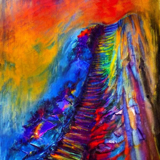 Image similar to A beautiful abstract acrylic pouring of a mythical, colorful staircase to heaven enlighted by golden mist by Leon Kossoff, Trending on artstation