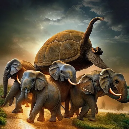 Image similar to Great A'Tuin the Giant Star Turtle carrying four giant elephants who carry the Discworld, epic fantasy art in hyper realistic photograph