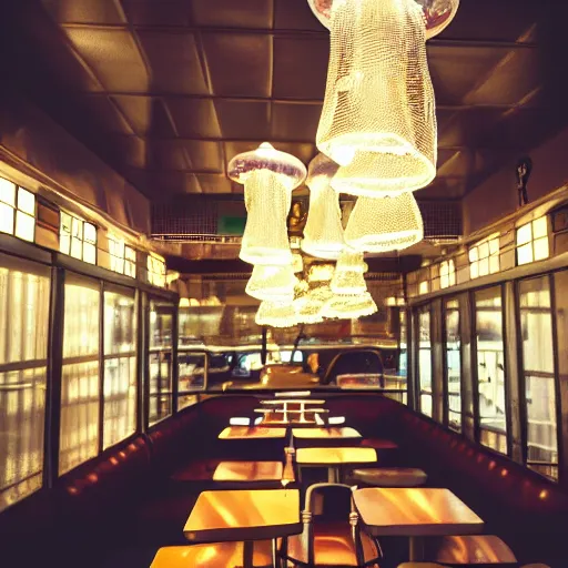 Image similar to inside of a diner with jellyfish lampshades, polka dot tables, cozy lighting, late night, photo