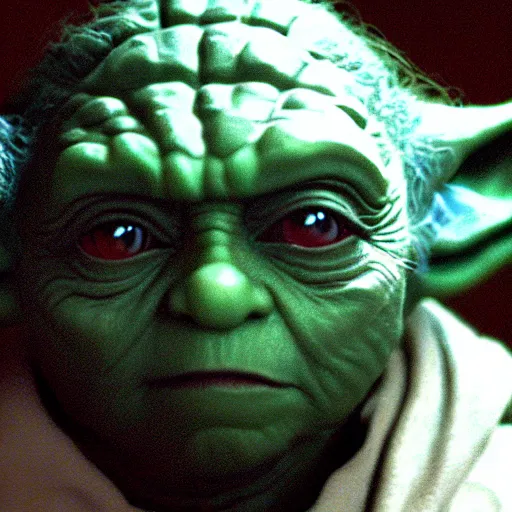 Image similar to A film still of Yoda as a sith lord wearing dark attire realistic,detailed