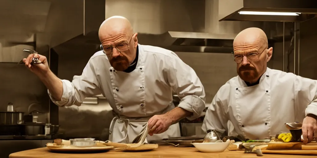 Prompt: Walter White Cooking In A Kitchen, 8k, Exquisite Detail, HD, Photorealistic, Cinematic Lighting