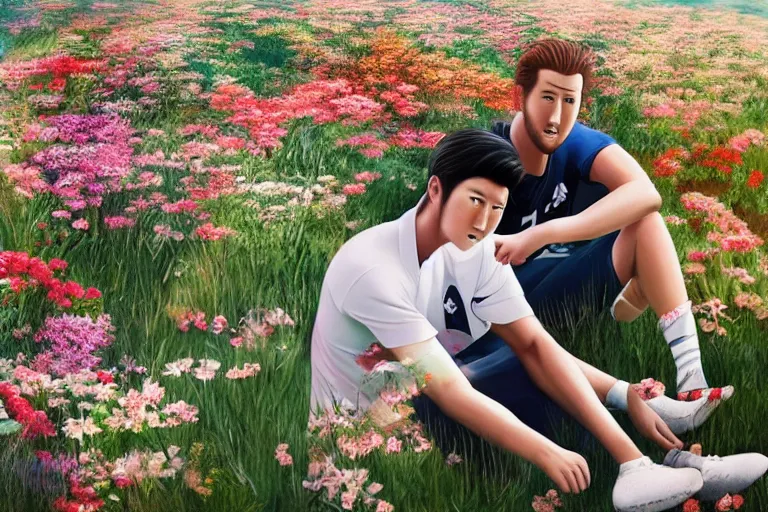 Prompt: beautiful anime harry kane and son heung-min sitting in a field full of flowers, highly detailed, studio ghibli, realistic, dynamic lighting, cinematic, masterpiece, trending on artstation,