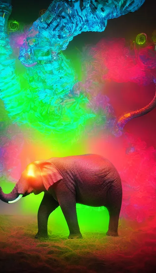 Image similar to 8K UHD Houdini render of crystalpunk mysterywave biocore herbalmancer elephant, background bioluminescent swirling wisps, red yellow green blue smoke gradient palette, volumetric lighting, 18 mm lens