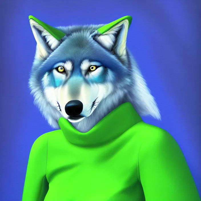 Image similar to a digital painting of a blue anthropomorphic female wolf fursona wearing a green dress, symmetry, focus, furry art, soft lighting, oil on canvas, hyper detailed