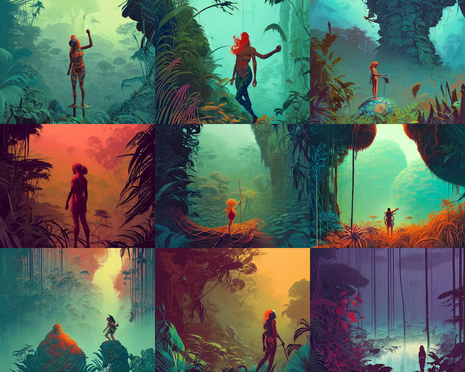 Prompt: female explorer in the amazonian jungle, epic scene, by victo ngai, kilian eng vibrant colours, dynamic lighting, digital art, winning award masterpiece, fantastically beautiful, illustration, aesthetically inspired by beksinski and dan mumford, trending on artstation, art by greg rutkowski, 8 k