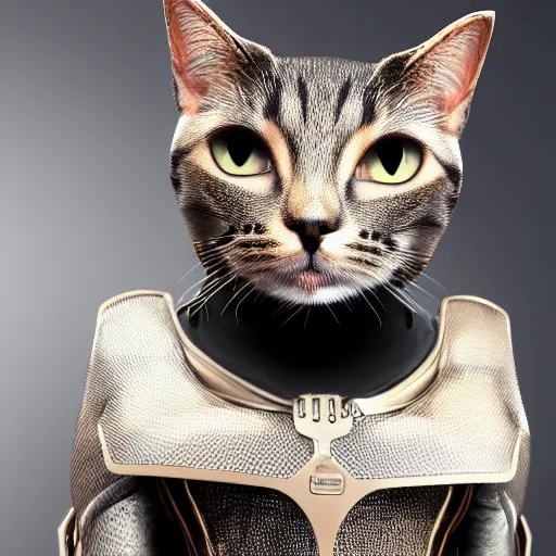 Image similar to cat on an futuristic armor clothing, 8k