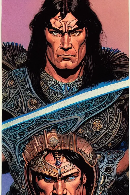 Prompt: a stunning and hypnotic full-color futuristic art nouveau styled action portrait of conan as a stoic barbarian king with stony and condemning eyes, extremely detailed and brusque swarthy facial structure, rune-engraved armor, perfectly symmetrical facial structure and linework, proud and honorable facial characteristics, by bill sienkiewicz, michael kaluta, michael whelan and travis charest, dark sci-fantasy, deep complexity, precisely accurate male muscle anatomy, muscular male hero, RPG character concept, photorealism, spectacular framing, minimalist lighting, hyperrealism, 8k