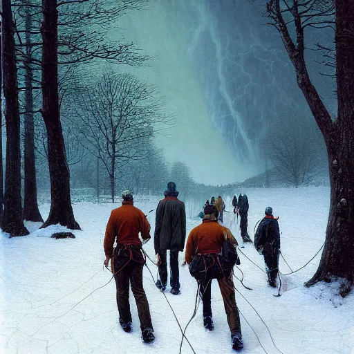 Image similar to a beautiful painting of group of climbers, extreme cold, storm, octane rendering, grim, dark, gloomy, cruel, volumetric lightning, hyperrealism, no blur, 4 k resolution, ultra detailed, style of john atkinson grimshaw, ivan shishkin, tyler edlin, scott listfield, eric zener