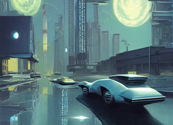 Prompt: a car driving down a street next to building the night, cyberpunk art by Chesley Bonestell, cgsociety, retrofuturism, matte painting, reimagined by industrial light and magic