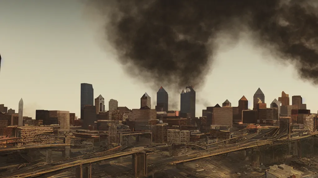 Image similar to post apocalypse Pittsburgh, smoke, fire, cinematic, rendered in octane, rendered in Arnold, rendered in vray