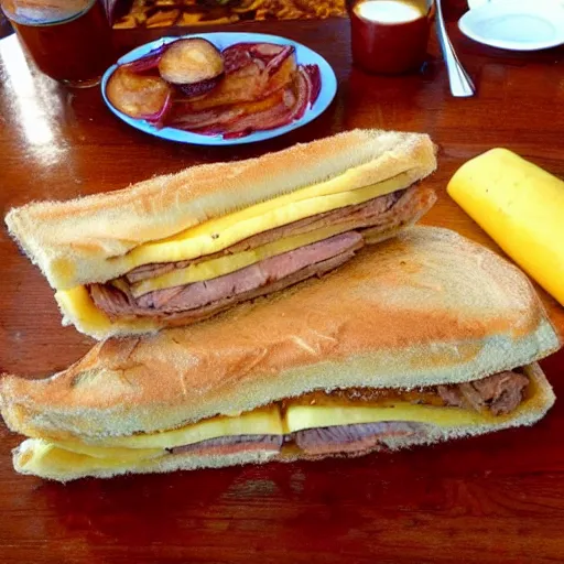 Image similar to largest cuban sandwich in the world, paseo, pork, grilled onions