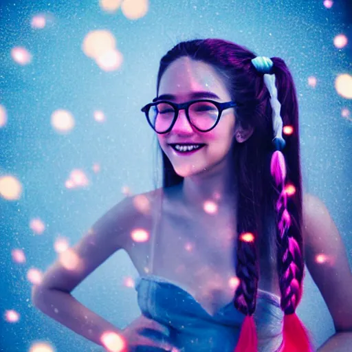 Prompt: young beautiful female smiling with long flying hair, braided pigtails freely flying in the wind, wearing reading glasses by ross tran, ethereal ambiance, light freckles, glowing eyes, ethereal lighting, cinematic, happy mood