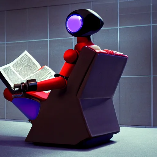 Image similar to futuristic studious matte brown and red and chrome full-body humanoid robot with two huge round expressive sad purple glowing LED eyes and open rectangular mouth sitting on a large comfortable cushioned 1950s vintage recliner reading a newspaper. open newspaper. full shot Cinematic Movie Photograph, Arri Alexa, Extremely Detailed, smooth, very very clean, white cyc, white background, 8K, octane render, maya render, unreal engine, trending on artstation, DSLR, excellent composition, center frame