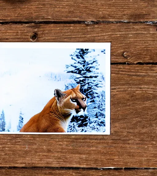 Image similar to ripped up postcard showing 'a cougar sleeping in the middle of snowy pine tree' laying on coffee table, zoomed out shot, HD, iphone capture