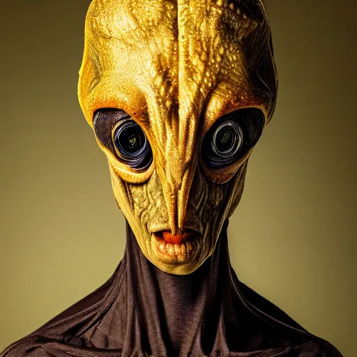 Image similar to portrait shot of a humanoid alien with reptile features, award, winning, sothebys, fine art photography