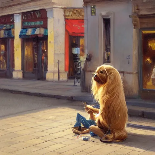 Image similar to oil painting of a young man with long hair blond and a beard hippie style with his golden retrever dog playing piano in the square for money, people watching around, by greg rutkowski, artstation