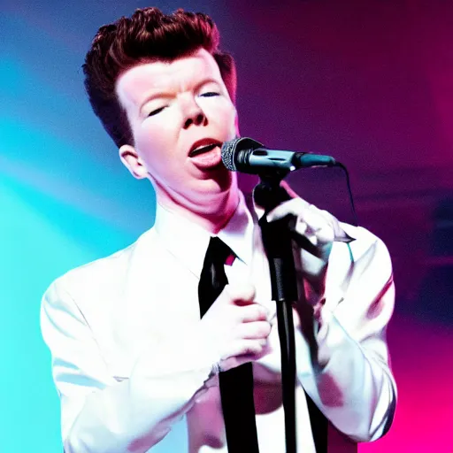 Image similar to young Rick Astley performing Never Gonna Give You Up, singing into a microphone, dancing, black suit, striped shirt, light background, full color photograph, 4k