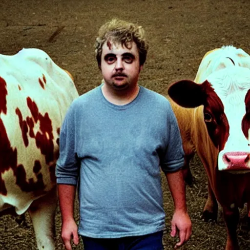 Image similar to daniel johnston, walking a cow