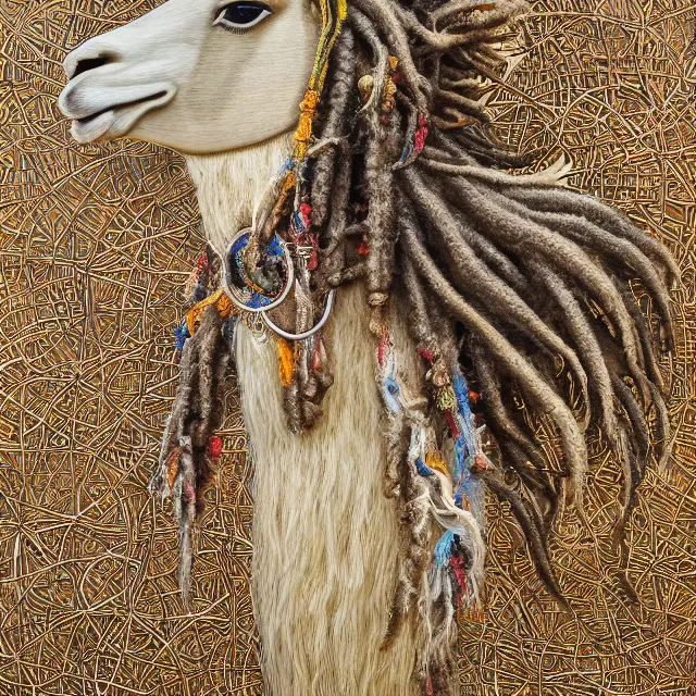 Image similar to llama with dreadlocks, detailed, by ernst haeckel, james jean, el anatsui, mandy jurgens