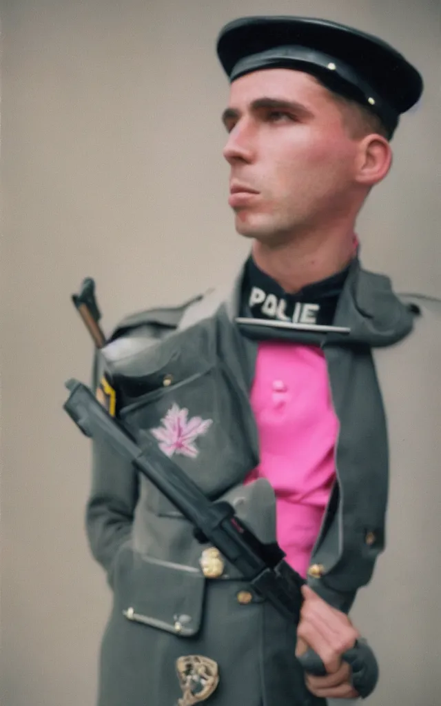 Image similar to a young male Austrian police man in a pink uniform smoking weed, hyperrealistic portrait, 50mm, 1.4, kodak portra, studio