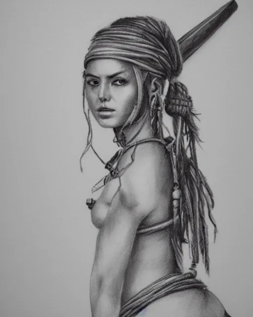Prompt: A beautiful female warrior, pirate ship deserted island faded background, realism pencil drawing on white paper, bald lines