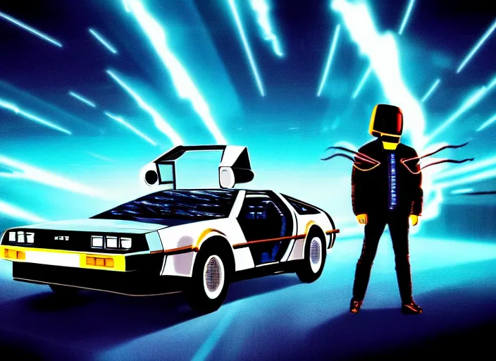 Prompt: back to the future, delorean, knight rider, daft punk, movie picture, synthwave style, tron legacy style