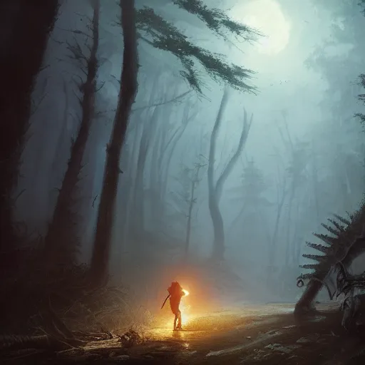 Prompt: tyrannosaurus rex walks through moonlit forest, scenery, oil painting, Tooth Wu, Greg Rutkowski, RPG, dynamic lighting, fantasy art, high contrast, depth of field