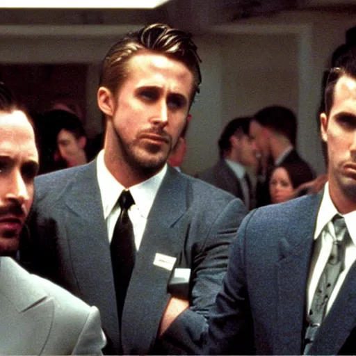 Image similar to ryan gosling clones surrounding christian bale in american psycho ( 1 9 9 9 )