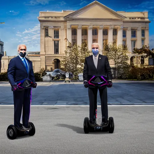 Image similar to A professional photograph of Joe Biden and his bodyguards standing on hoverboards, HDR, 8k,