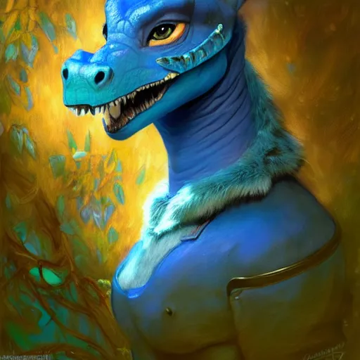 Image similar to a portrait of a female blue dinosaur wearing ornate plastic armor at night in a dark forest. zootopia fursona furaffinity furry art detailed face painting by gaston bussiere craig mullins jc leyendecker gustav klimt artgerm greg rutkowski furry