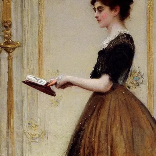 Prompt: young victorian lady in ball gown, absent - minded, holding a book, high hand detail!, painted by alfred stevens