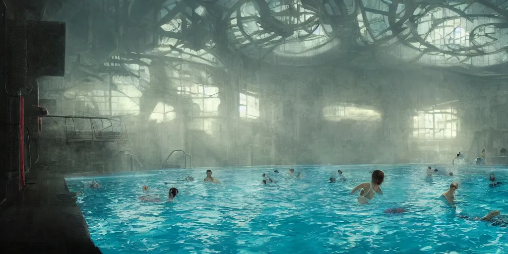 Image similar to swimming pool of a thermal fitness center, with hot spring, cinematic lighting, exaggerated detailed, unreal engine, art by greg rutkowski & peter mohrbacher