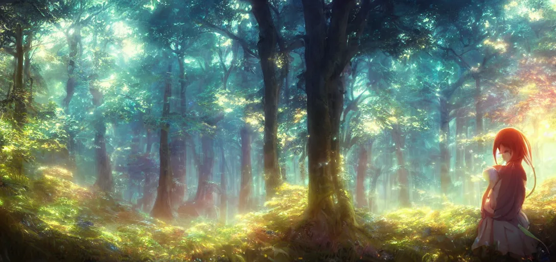 Image similar to anime forest, magical, mythical, ethereal, hyper realistic, straight lines 8k hdr pixiv dslr photo by Makoto Shinkai ilya kuvshinov and Wojtek Fus, digital art, concept art,