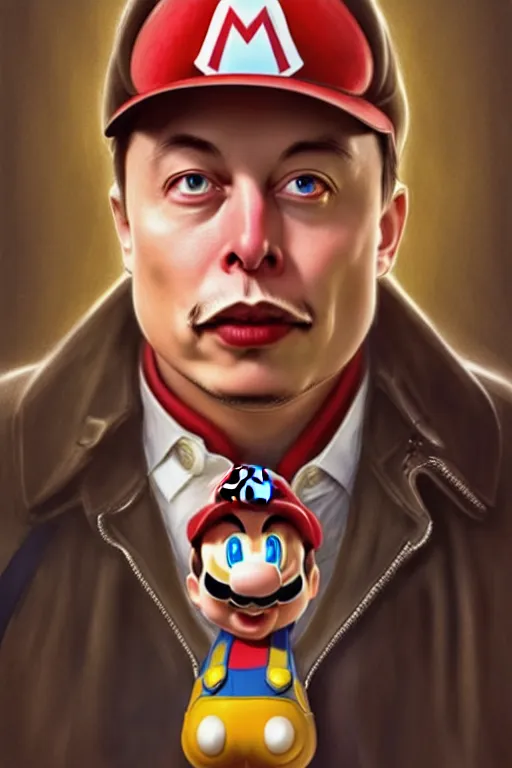 Image similar to elon musk as mario from the super mario bros, realistic portrait, symmetrical, highly detailed, digital painting, artstation, concept art, smooth, sharp focus, illustration, cinematic lighting, art by artgerm and greg rutkowski and alphonse mucha