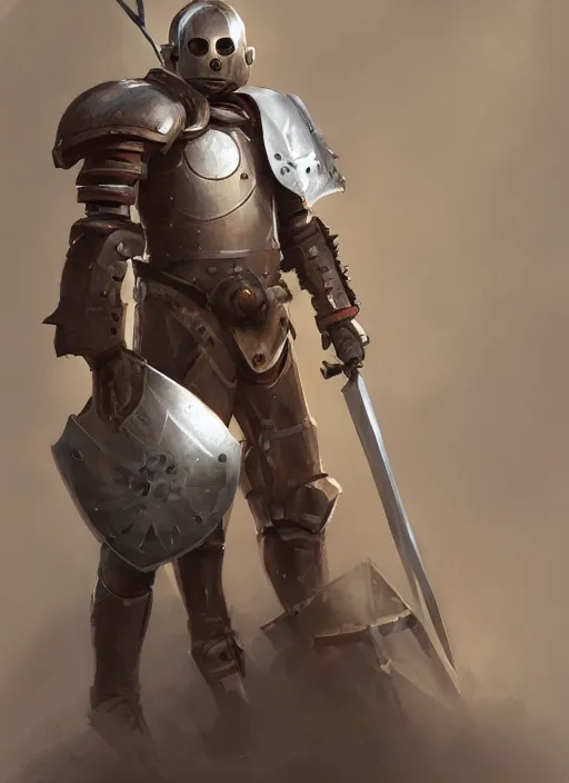 Image similar to portrait of a warforged character holding a paladin engraved longsword and carrying a big shield, concept art, by Greg Rutkowski