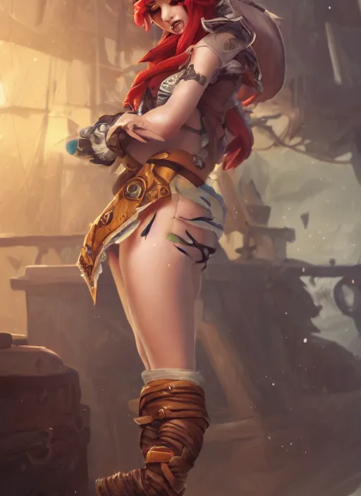 Image similar to miss fortune a pirate girl, from league of legends, au naturel, hyper detailed, digital art, trending in artstation, cinematic lighting, studio quality, smooth render, unreal engine 5 rendered, octane rendered, art style by klimt and nixeu and ian sprigger and wlop and krenz cushart