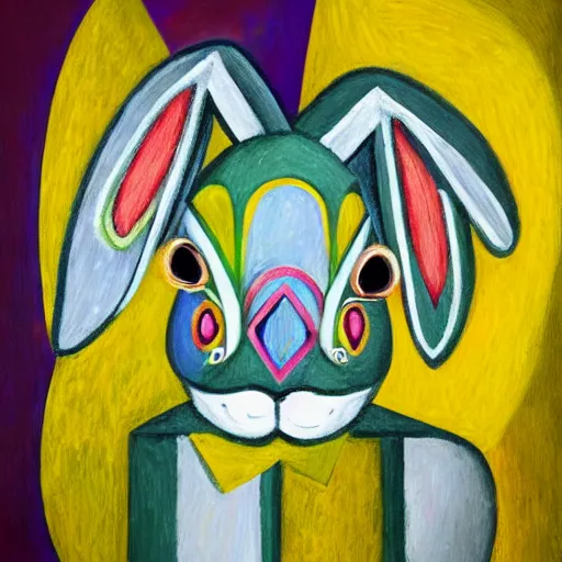 Prompt: intricate five bunny rabbitt by pablo picasso, oil on canvas, hdr, high detail, photo realistic, hyperrealism, matte finish, high contrast, 3 d depth, centered, masterpiece, vivid and vibrant colors, enhanced light effect, enhanced eye detail, artstationhd